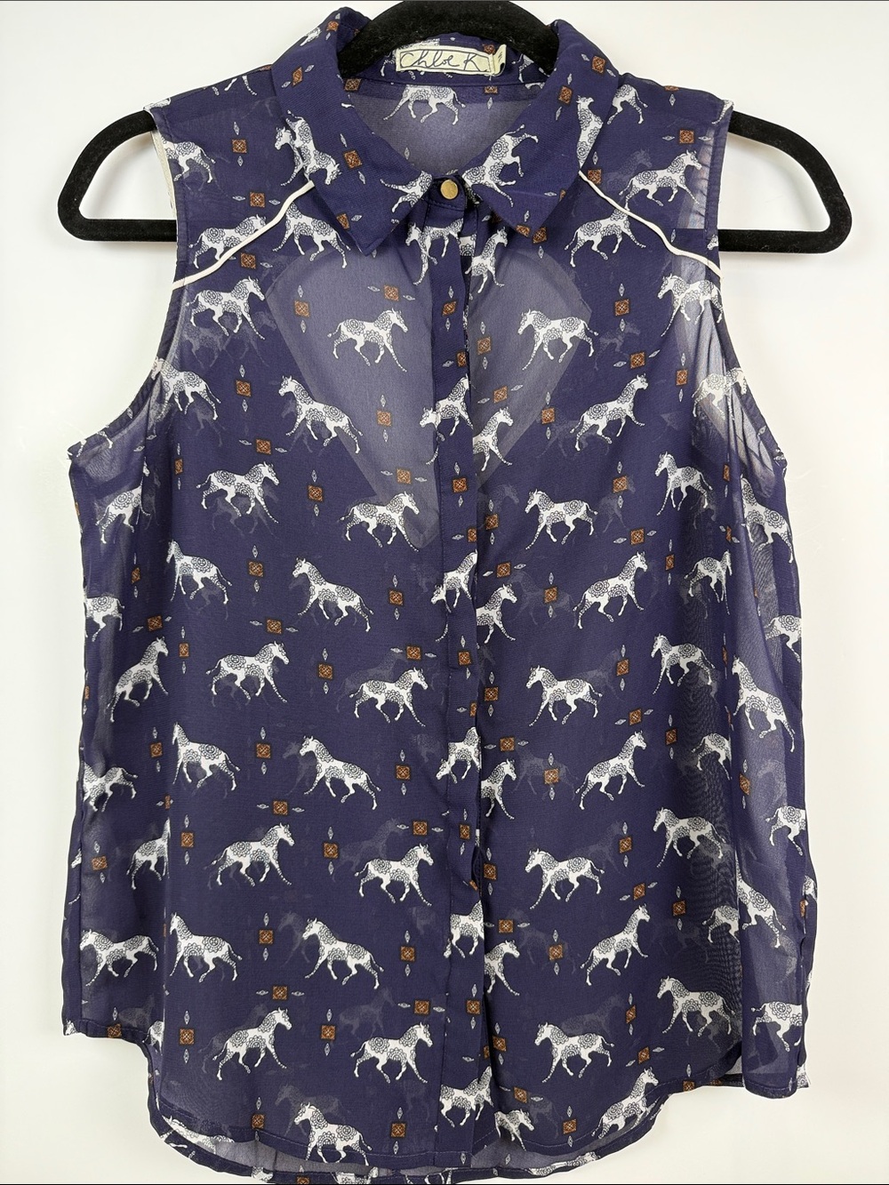 Vintage Chloe K Sheer Horse Button Down Top Navy Boho Western Coastal Cowgirl M